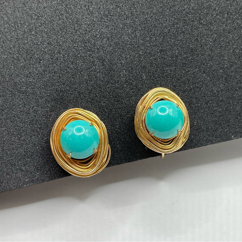 Vintage Robin Egg Blue Birds Nest Gold Tone VOGUE Clip On Statement Earrings